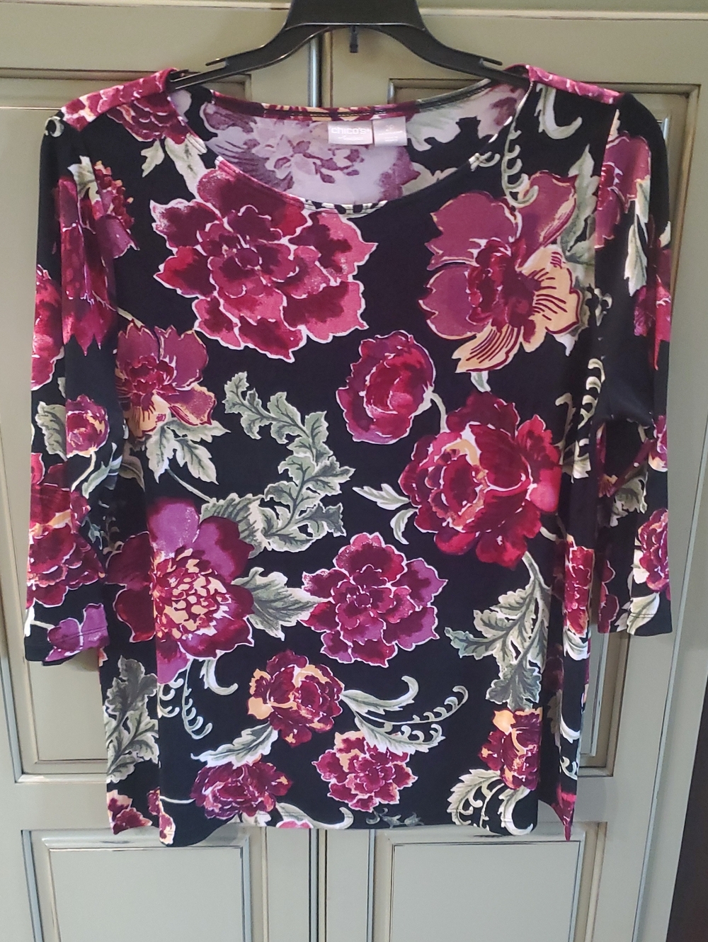 Chico's Black Top with Magenta and Pink Floral Print